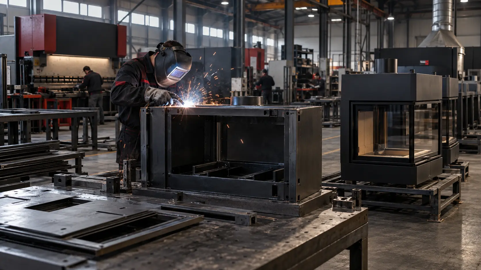 Steel Fire üretim alanında çelik şömine haznesi kaynağı